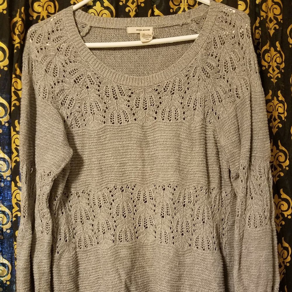 DKNY Heather Grey L Sweater with Ruffle Details